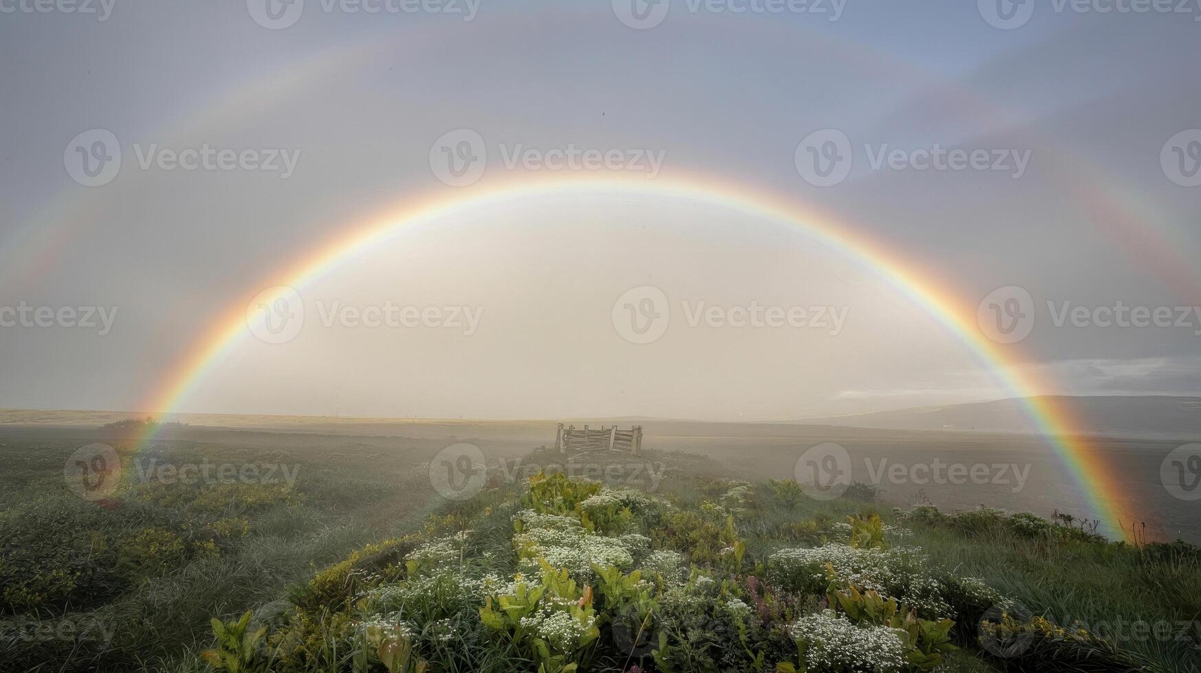 Vibrant Rainbow Arcs Over Misty Path and Flowering Meadow photo