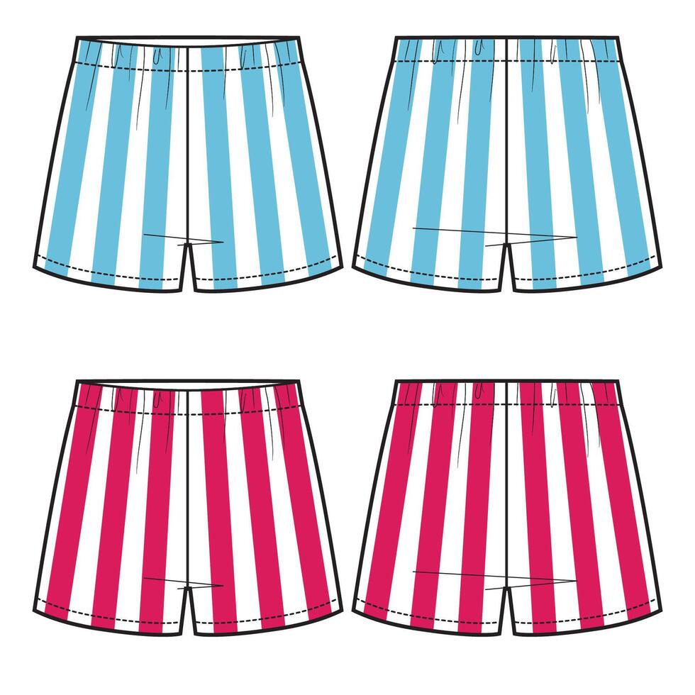 Technical sketch of two boxer shorts in striped fabric. vector