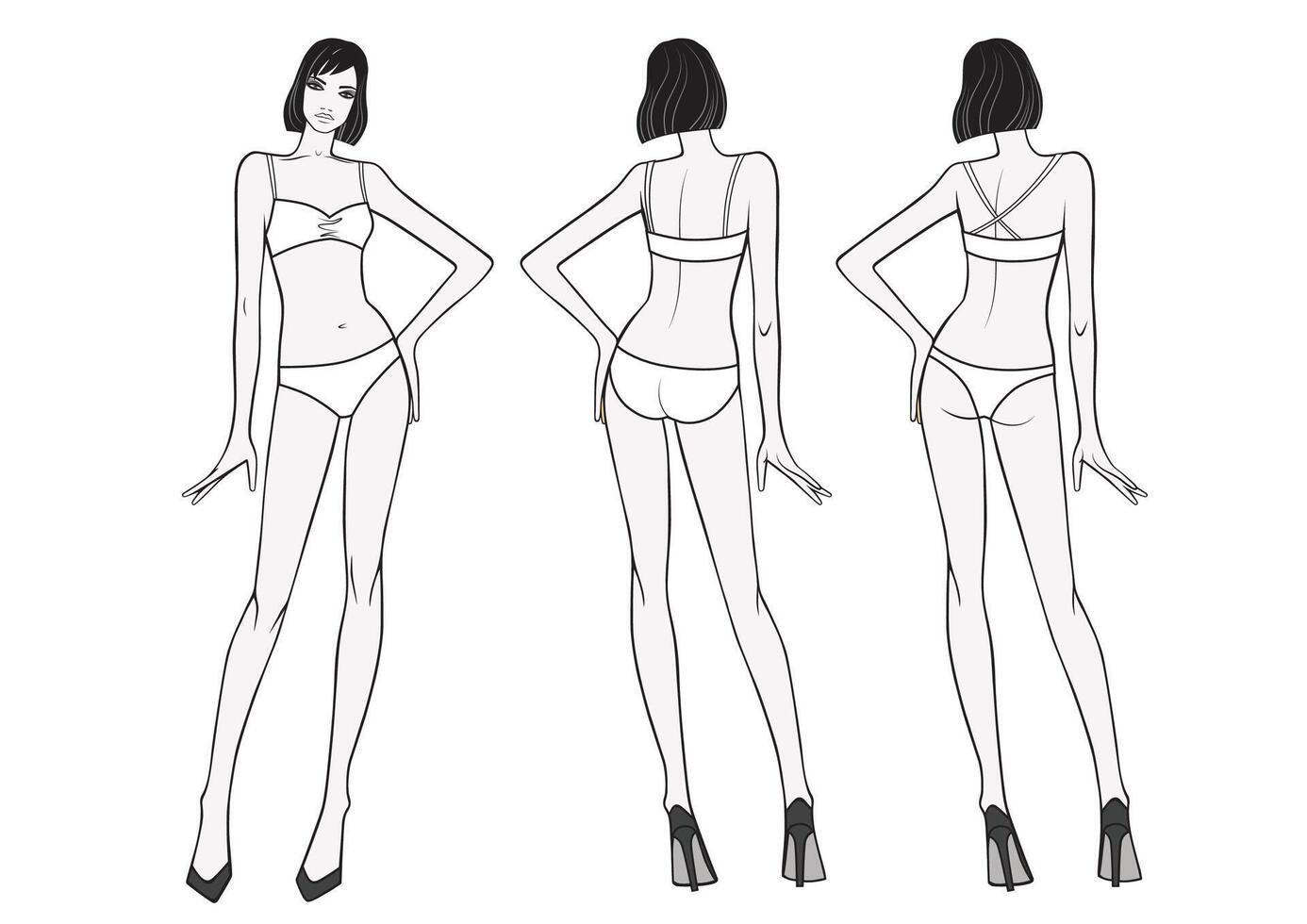 Full length front, back view of a standing woman in swimsuit. vector