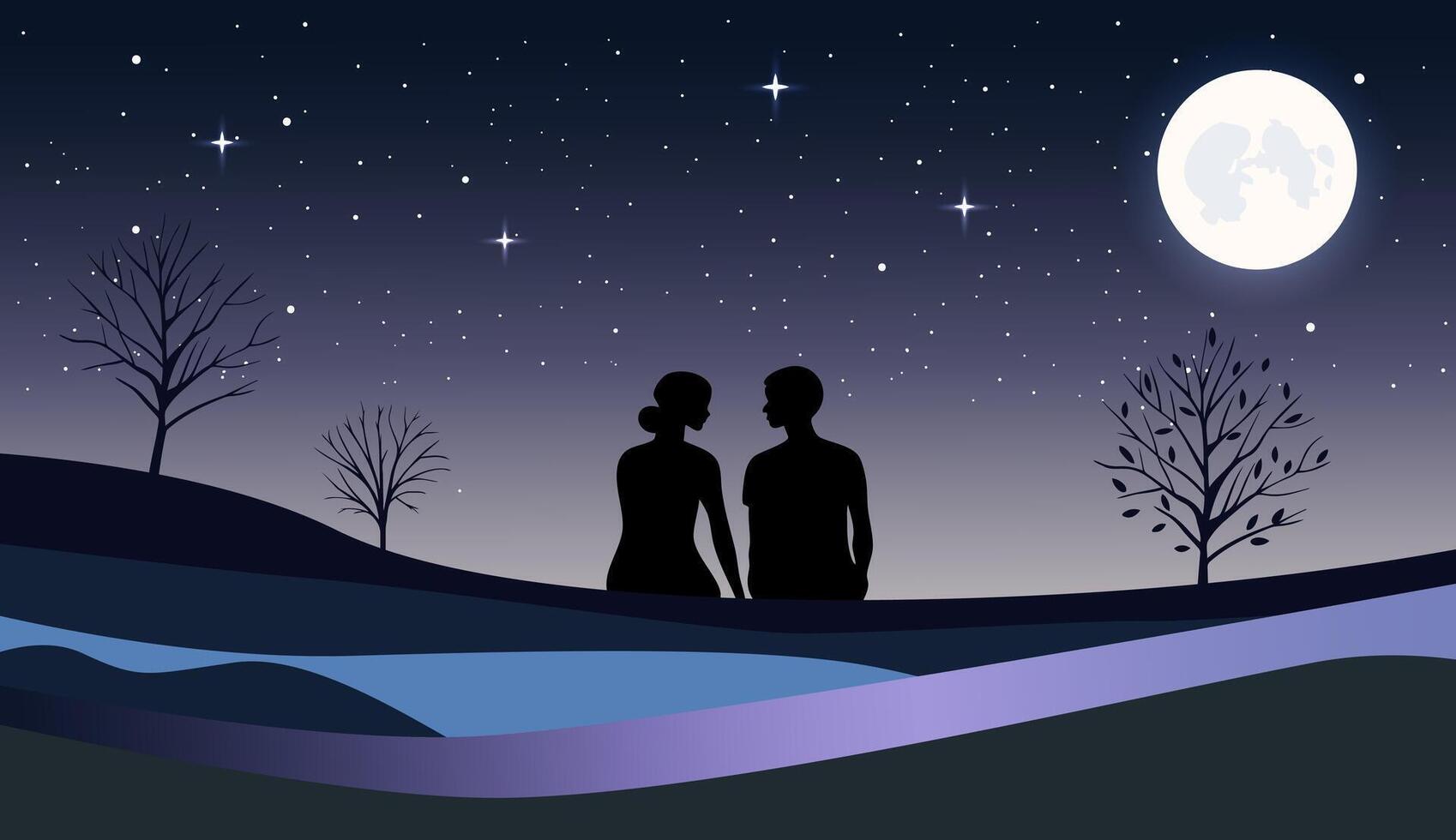 Background with silhouettes of a loving couple couple sitting outdoors at night. Illustration of romantic couple in moonlight. vector