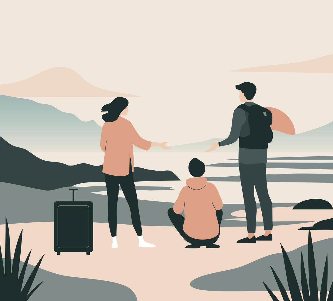 Tourism scene in a flat style. A group of young people came to relax on the shore of the lake. Illustration in pastel colors vector
