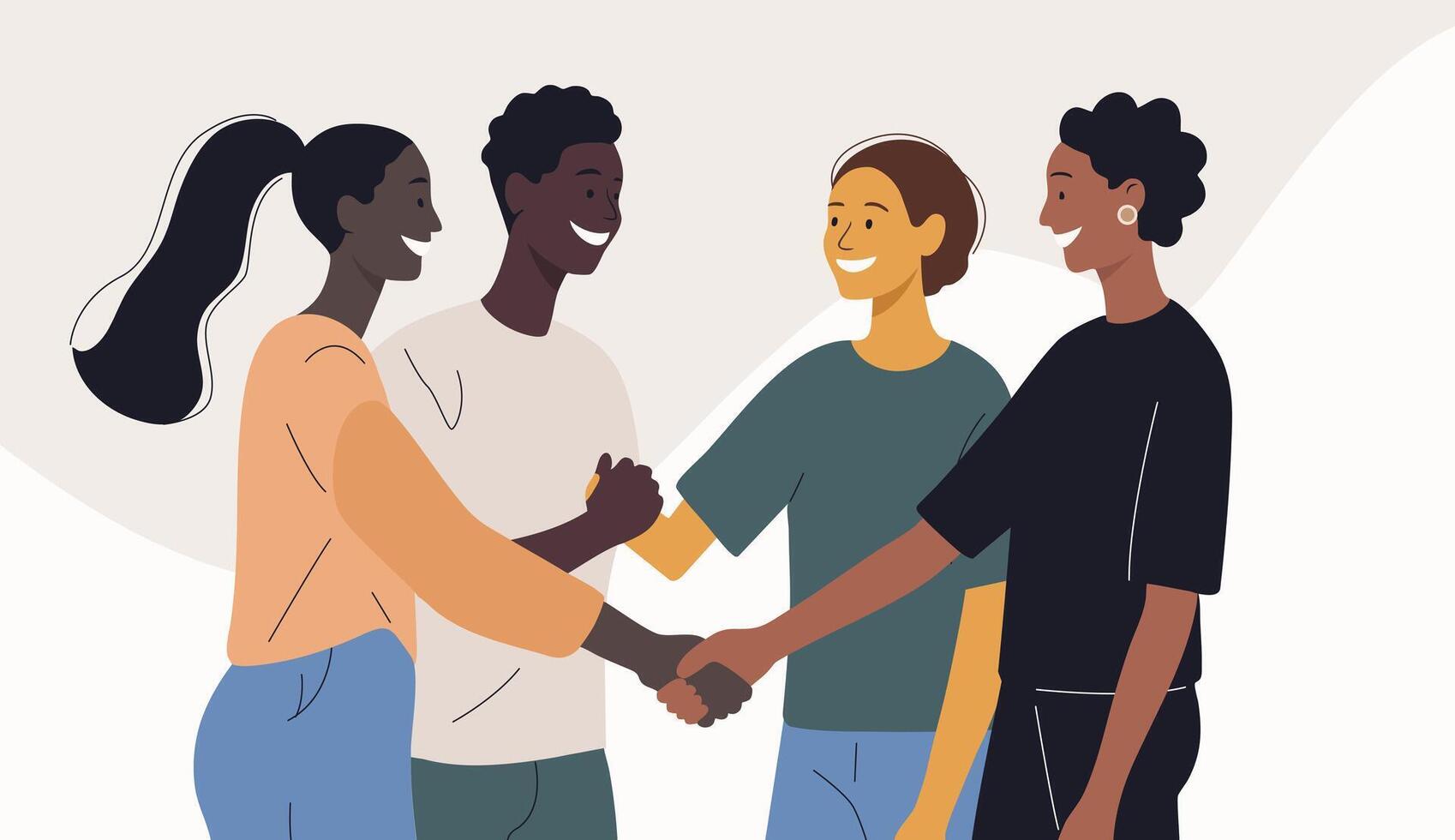 Flat illustration of people with different skin colors. Men and women shake hands. African Americans. Happy friends. vector