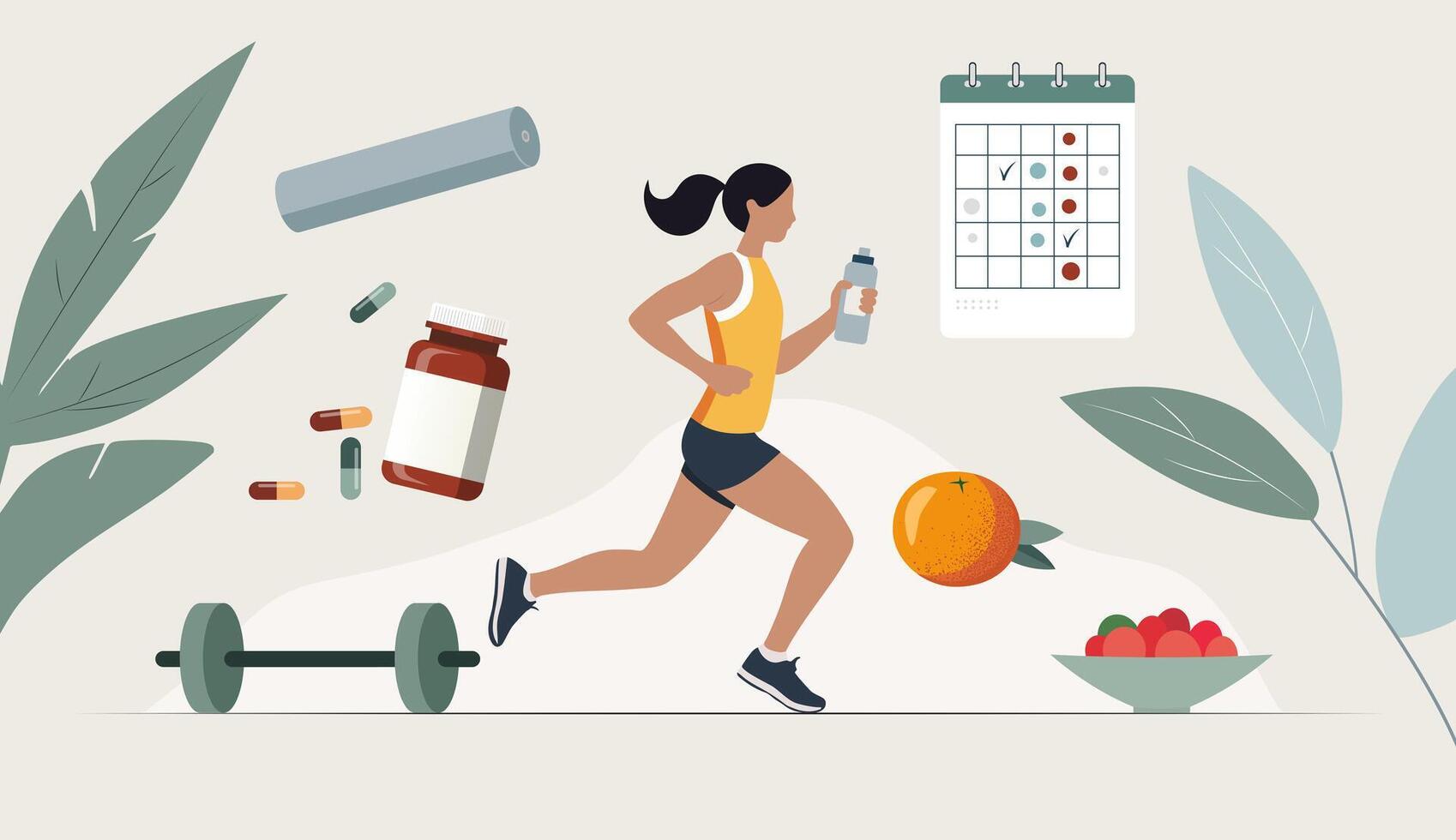 Flat wellness scene reminding the importance of check-up of the body. Medical calendar, sport activities, vitamins vector