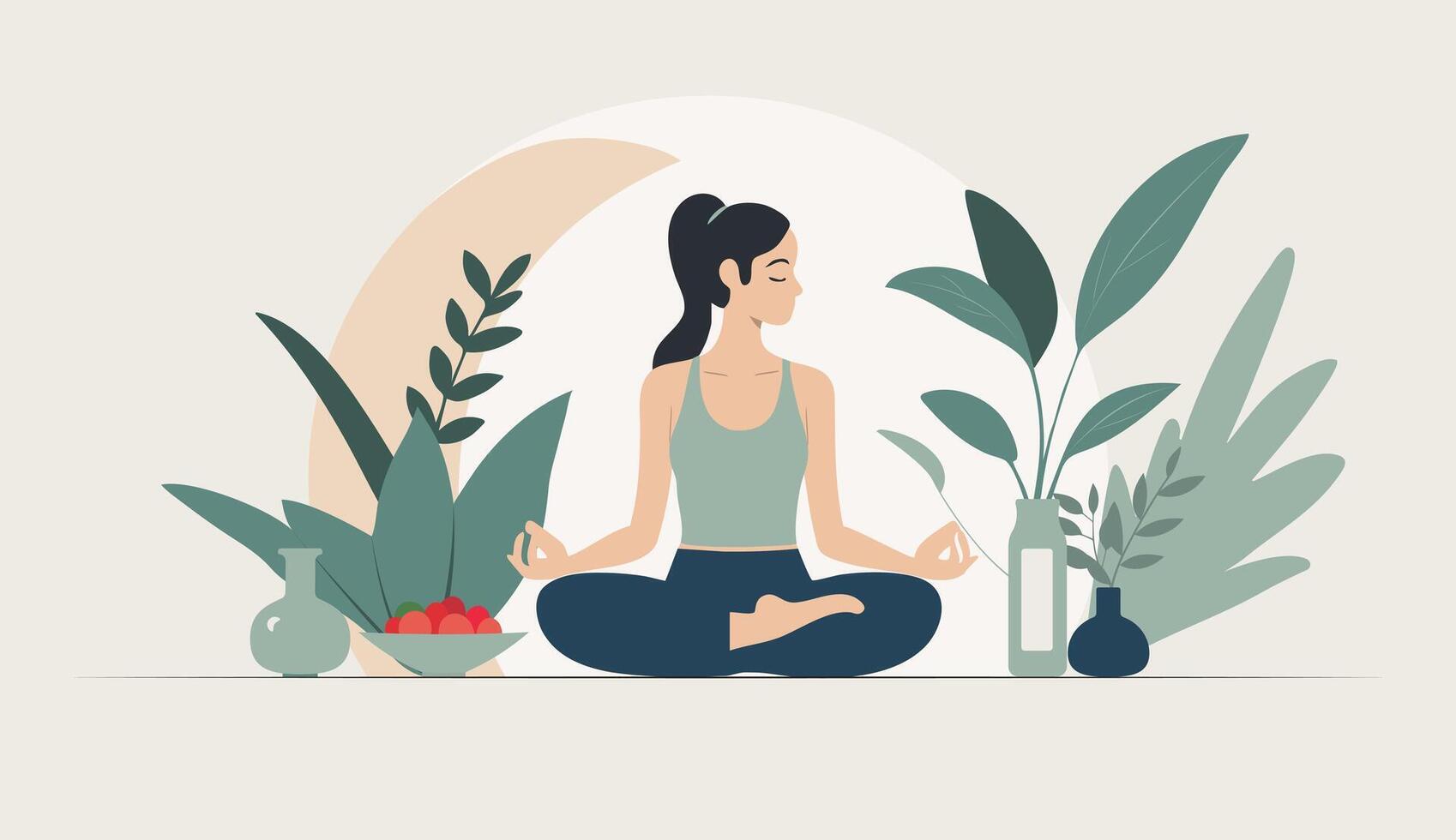 Yoga training. Flat wellness scene focusing on tranquility and balance. Sport activities illustration. vector