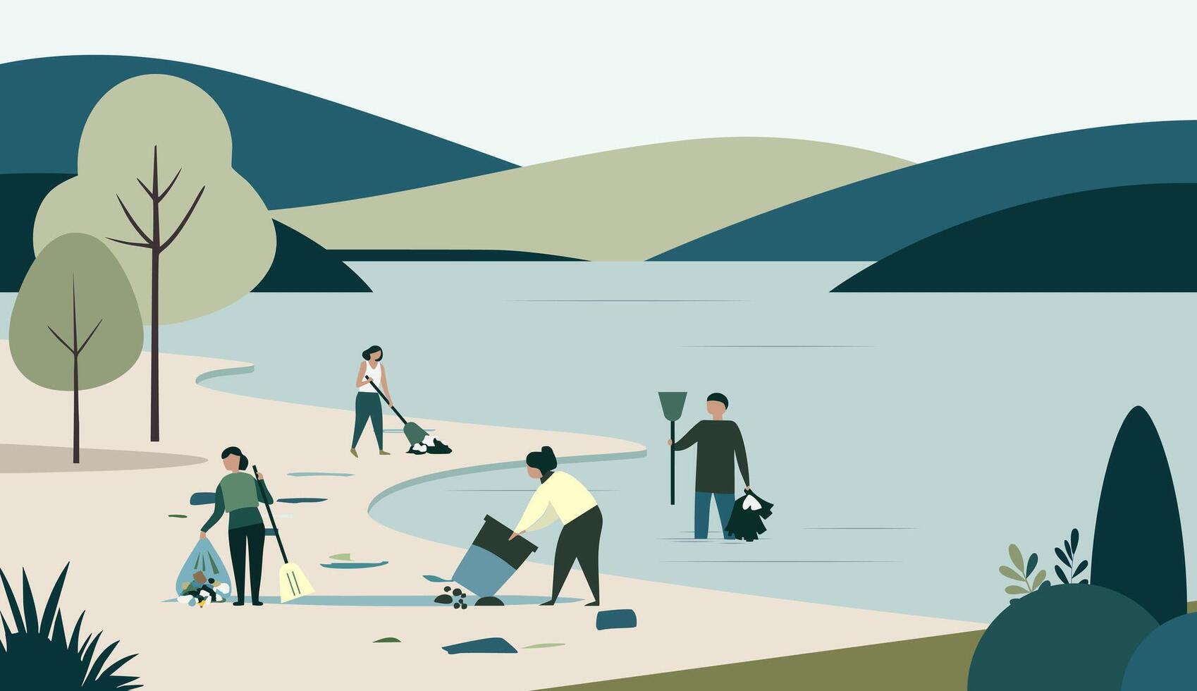 Eco illustration in a flat style. People pick up trash, clean the river from garbage. Care for the environment vector