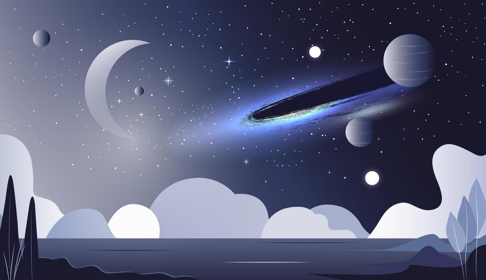 Space scene. Galaxy, planet surface, ice. Futuristic space illustration. Fantasy universe vector