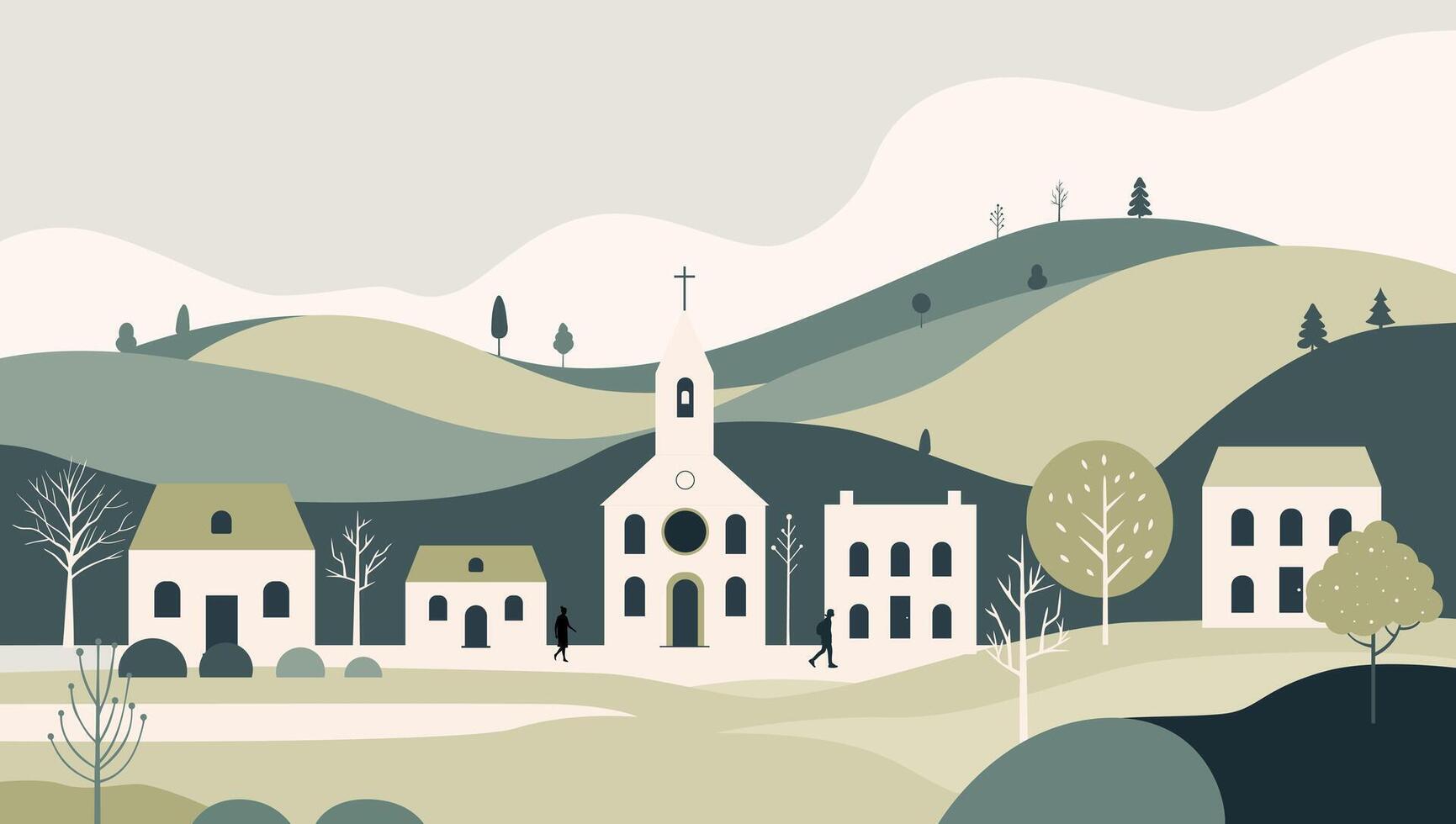 Panoramic view of a small town in pastel colors. Village in the mountains. Landscape in a flat style. vector