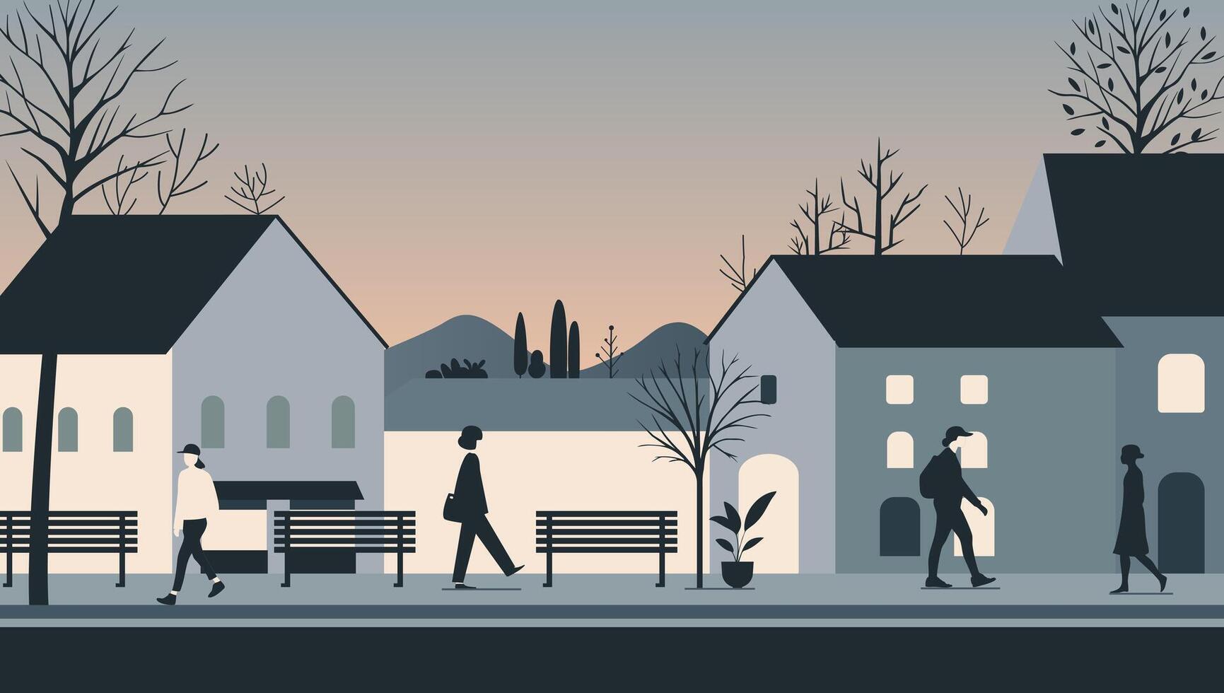 Monochrome city illustration. Panoramic view of a small town in the evening. City scene in a flat style. vector