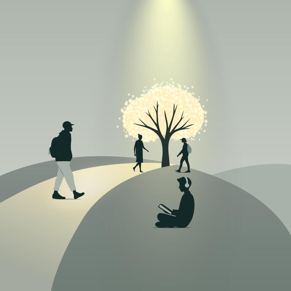 Abstract scene with students and a tree personifying knowledge. Silhouettes of university or college students in a minimalistic style vector
