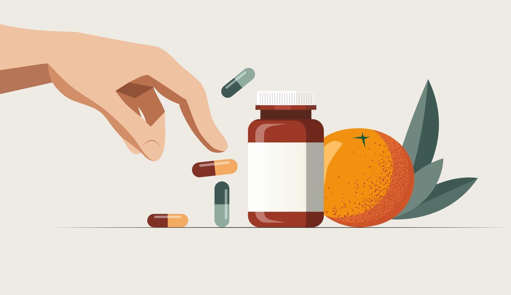 The scene with the hand reaching for the vitamins and orange. Pills. Flat wellness illustration vector