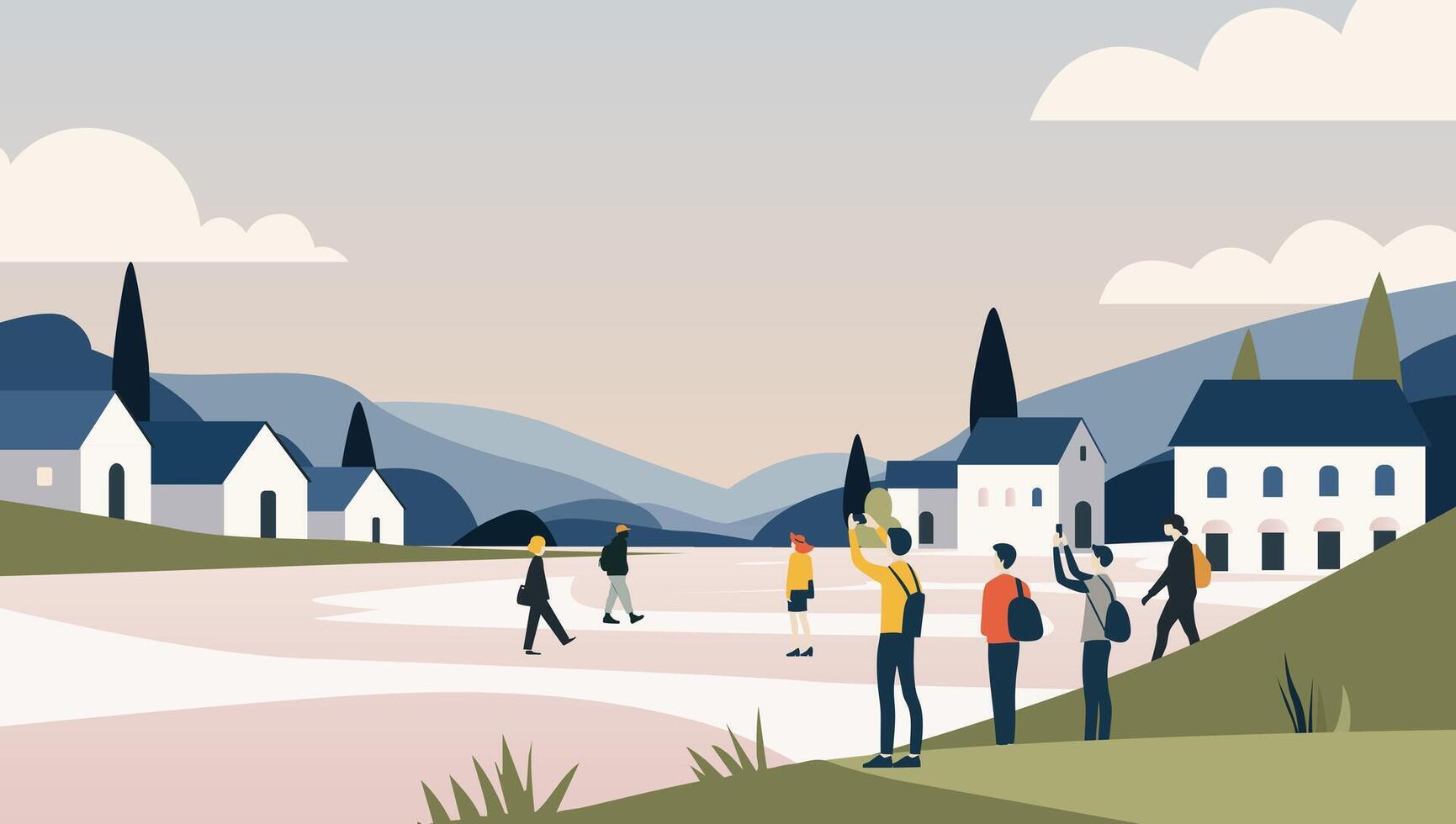 City scene with people in a flat style. Illustration of tourists on a tour. Panoramic view of a small town. vector