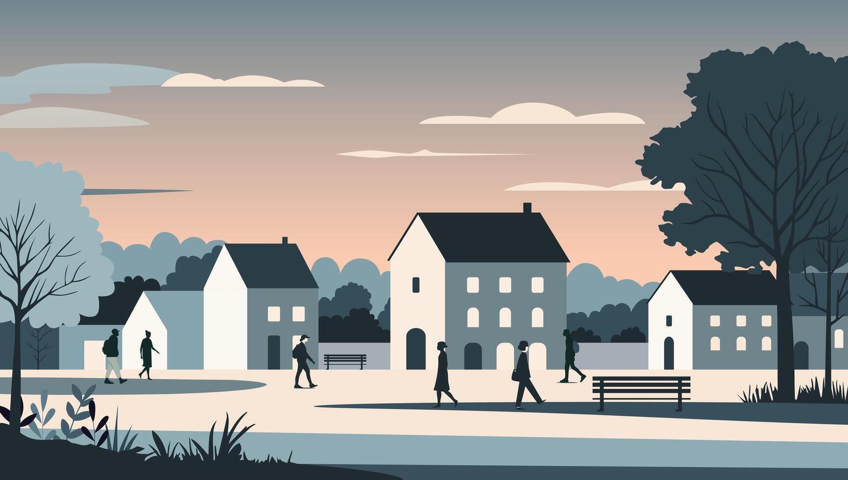 City scene with people in a flat style. Night city illustration. Panoramic view of a small town in the evening. vector