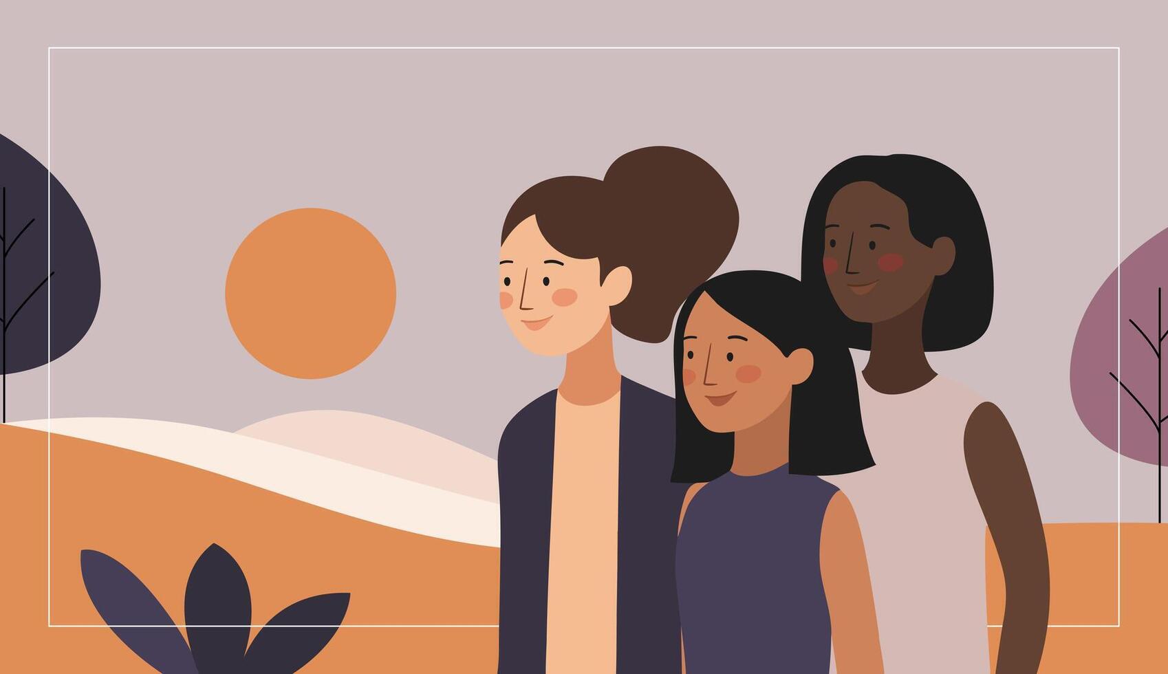 Flat illustration of beautiful girls with different skin colors. African Americans. Happy friends. vector