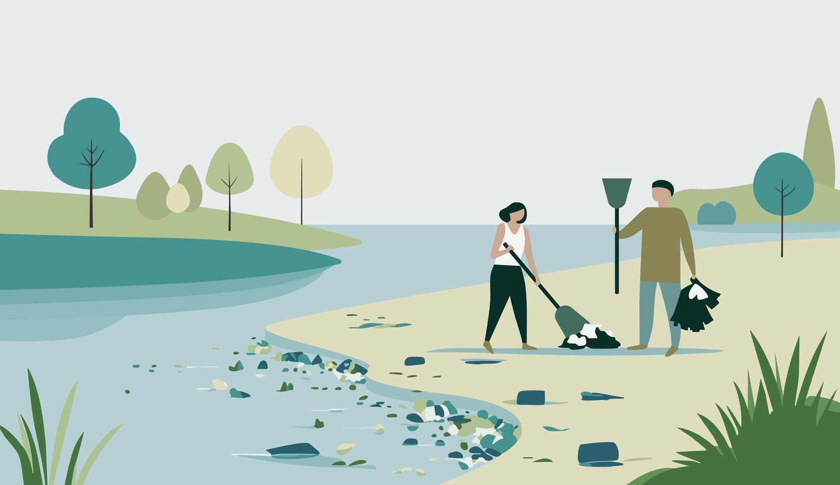 People pick up trash, clean the river from garbage. Eco illustration in a flat style. Care for the environment vector