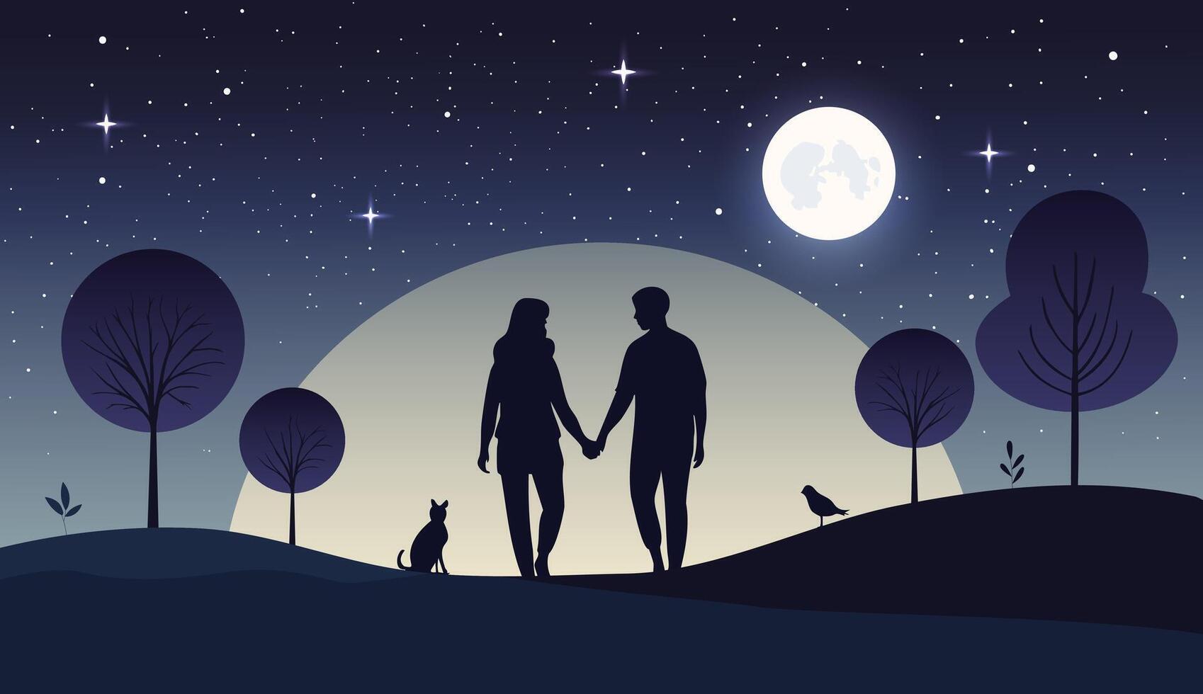 Illustration of romantic couple in moonlight. Background with silhouettes of a loving couple holding hands vector