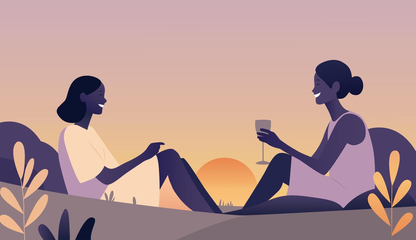 The girls are talking at sunset. Happy friends are sitting in nature. Flat illustration vector
