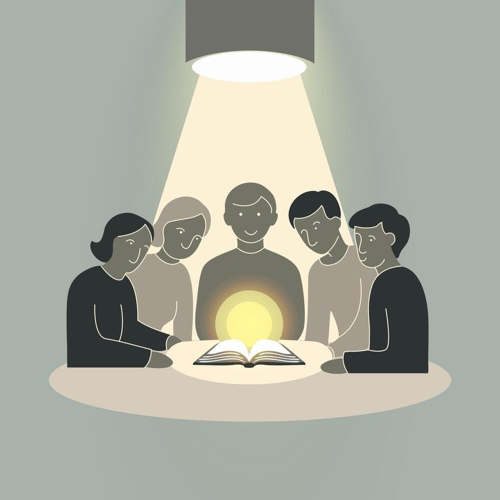 Abstract scene with people and a book and the light from it personifying knowledge. Silhouettes of students in a minimalistic style vector