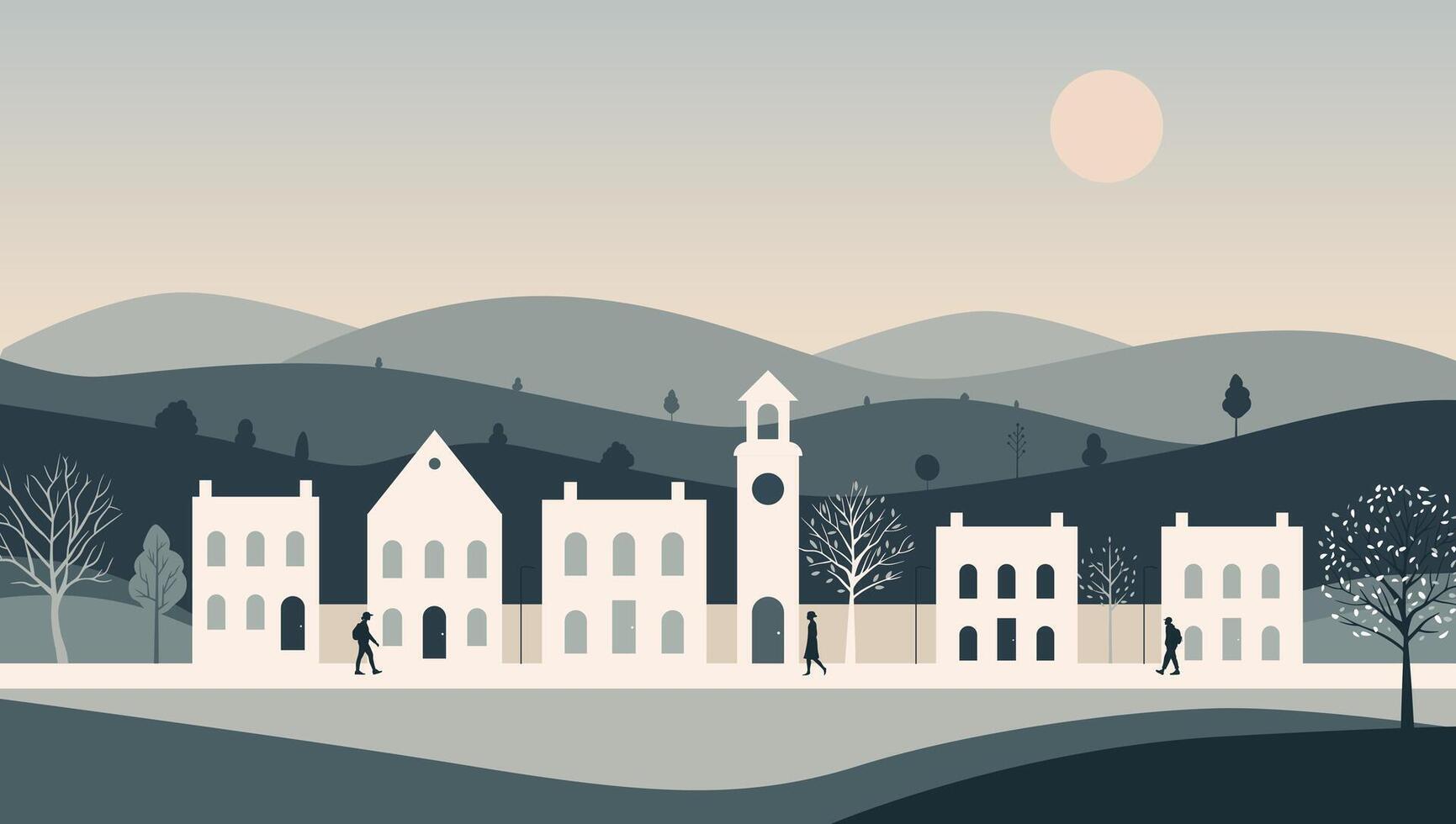 Houses in the mountains. Panoramic view of a small town in pastel colors. City scene in a flat style. vector