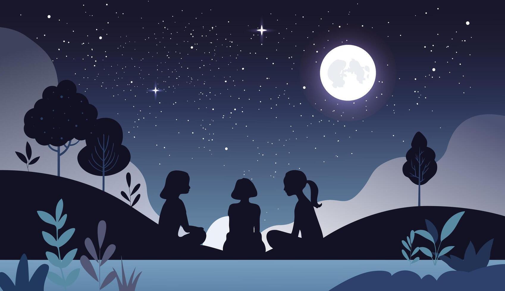 Silhouettes of three girls talking in the moonlight. Happy friends are sitting at night in nature. Illustration of friendship vector
