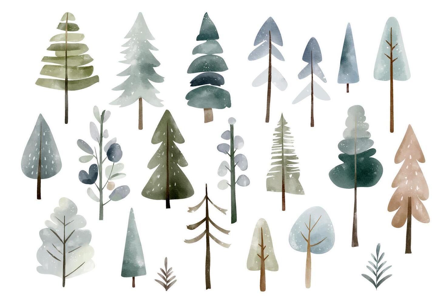 Set of watercolor snowy trees. Cute fairy nordic trees and plants. Wintertime nature. Hand drawn childlike illustration. vector