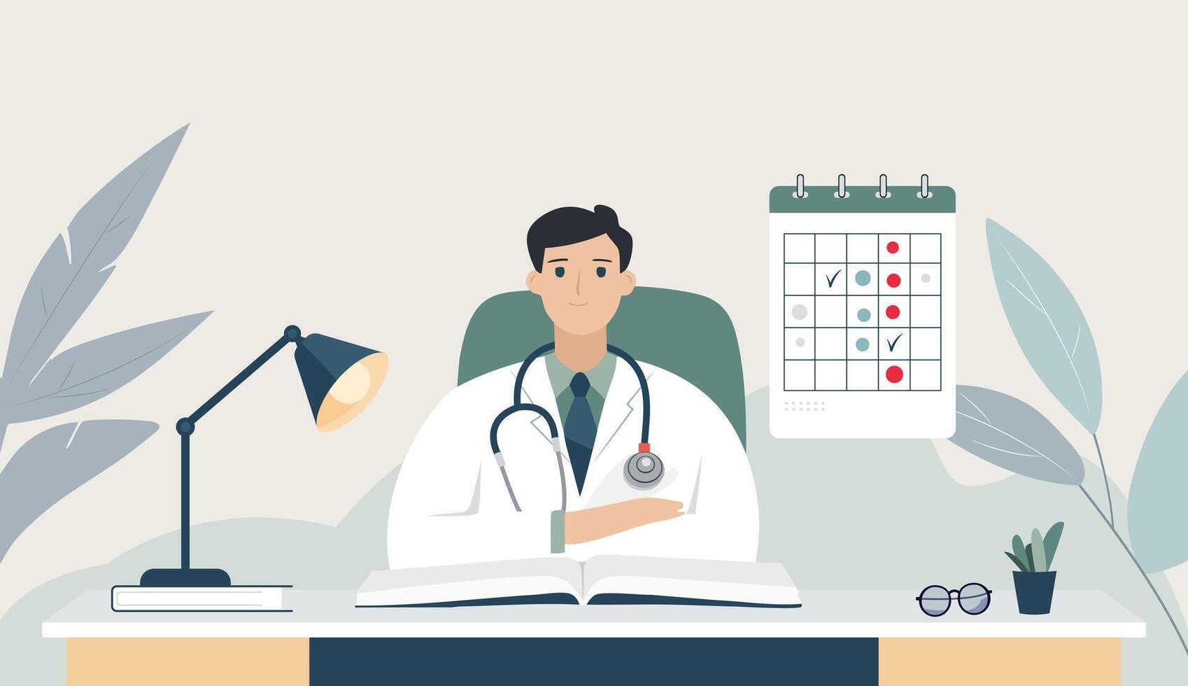 Flat scene with a doctor reminding the importance of prevention and check-up of the body. Medical examination calendar vector