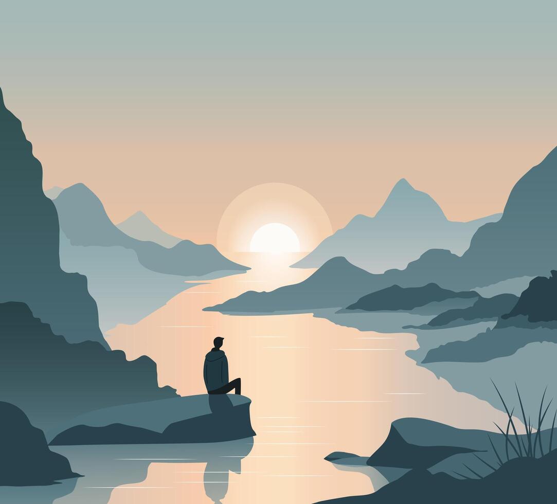Young man came to relax on the shore of the lake. Beautiful sunset in the mountains. Illustration in pastel colors vector