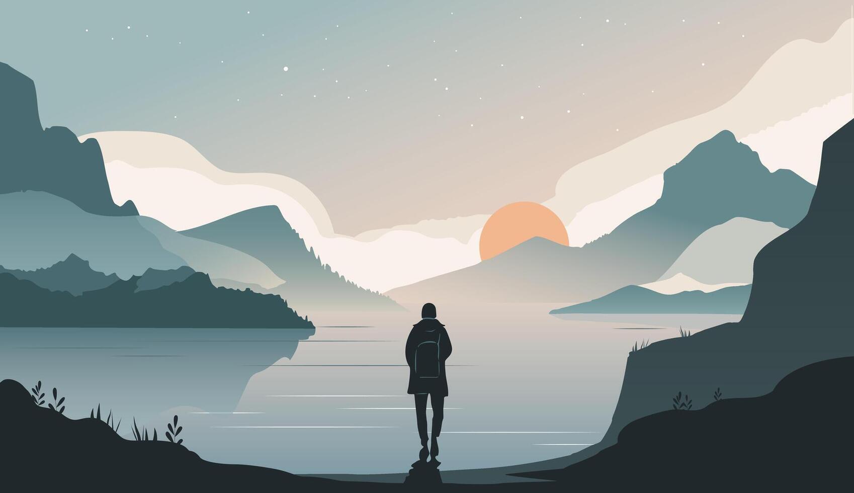 Young man came to relax on the shore of the lake. Tourism scene in a flat style. Mountains in pastel colors vector