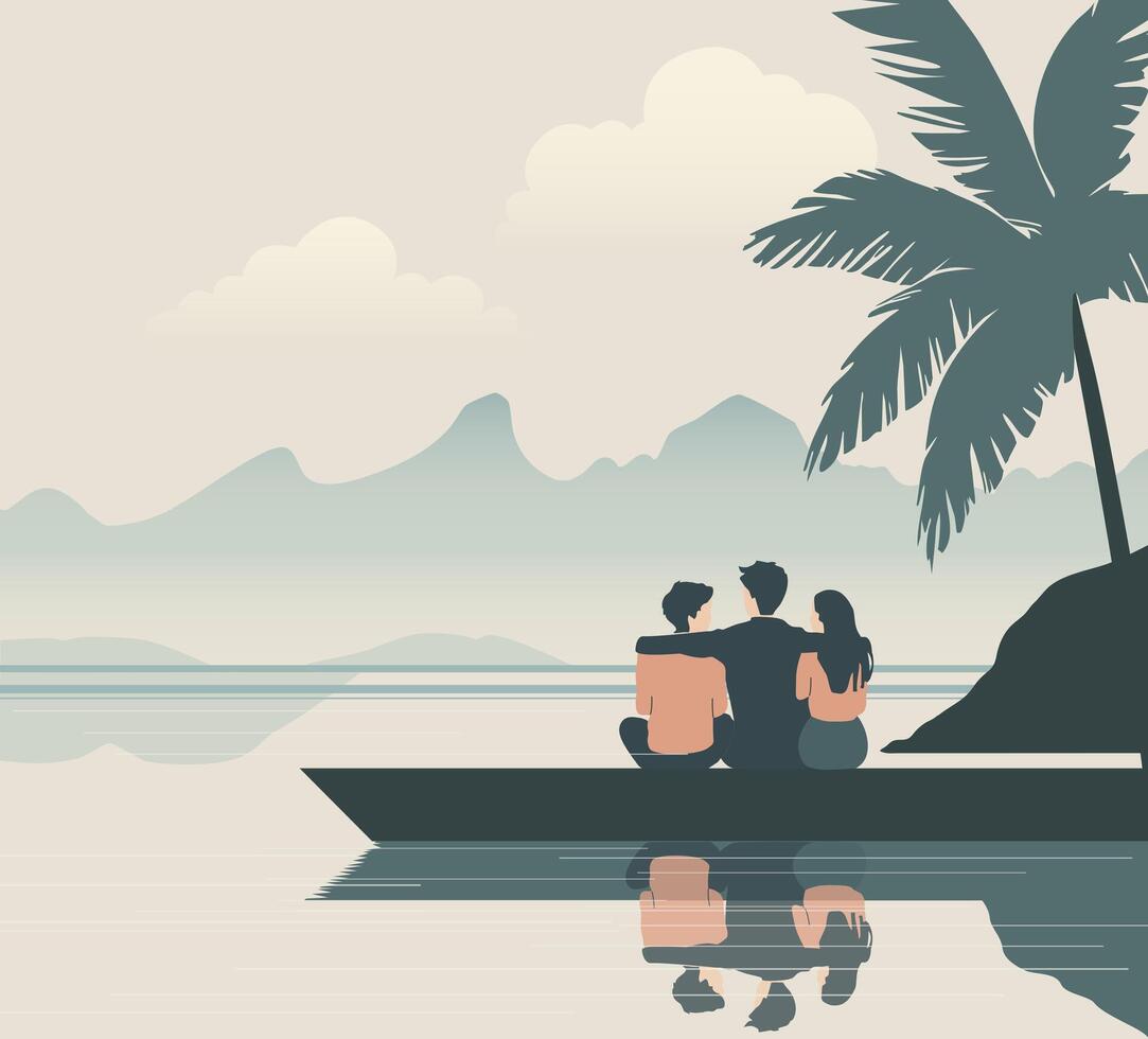 Friends came to relax on the shore of the lake. Tourism scene in a flat style. Illustration in pastel colors vector
