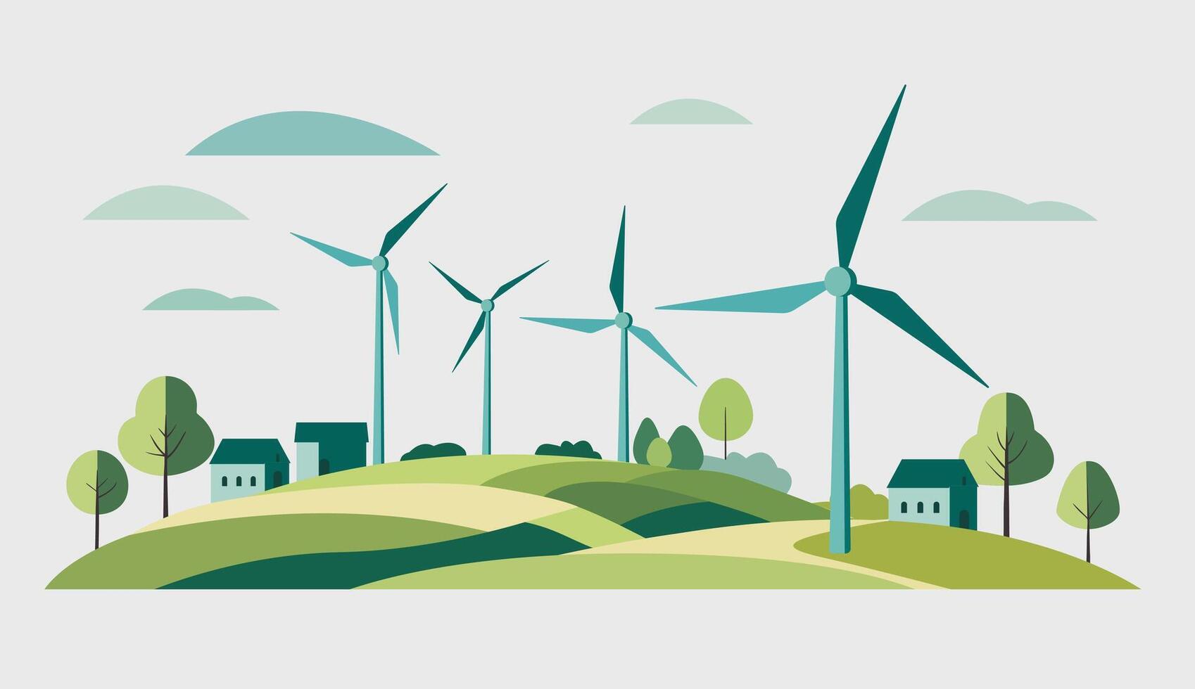 Illustration of wind turbines integrated into a rural landscape. Powerful windmill. Eco illustration in a flat style vector