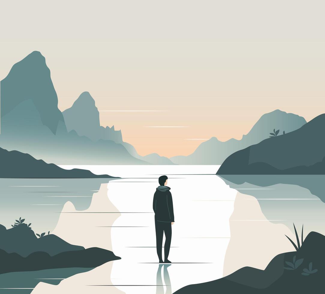 Tourism scene in a flat style. Young man came to relax on the shore of the lake. Illustration in pastel colors vector