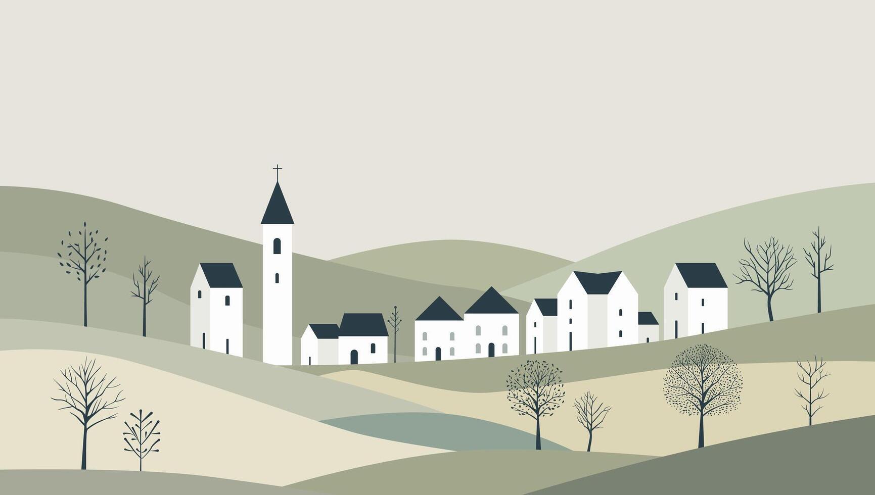Village in the mountains. Panoramic view of a small town in pastel colors. Landscape in a flat style. vector