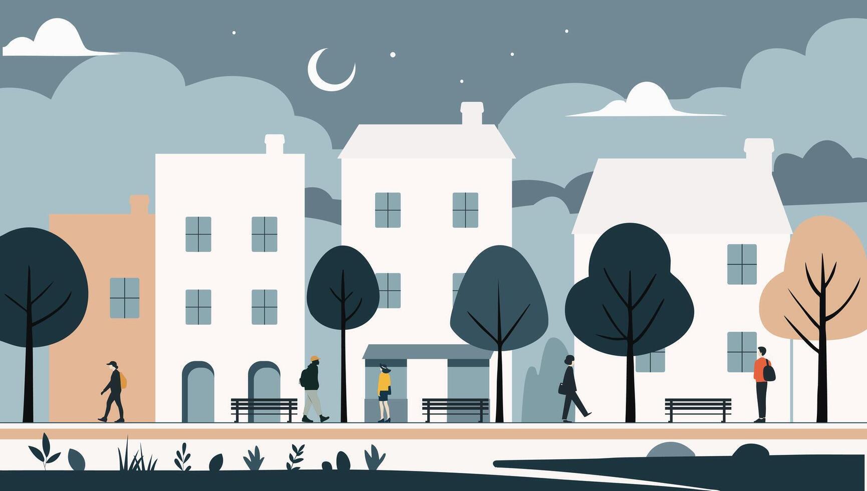 Night city flat illustration. City scene with silhouettes of people. Panoramic view of a small town in the evening. vector