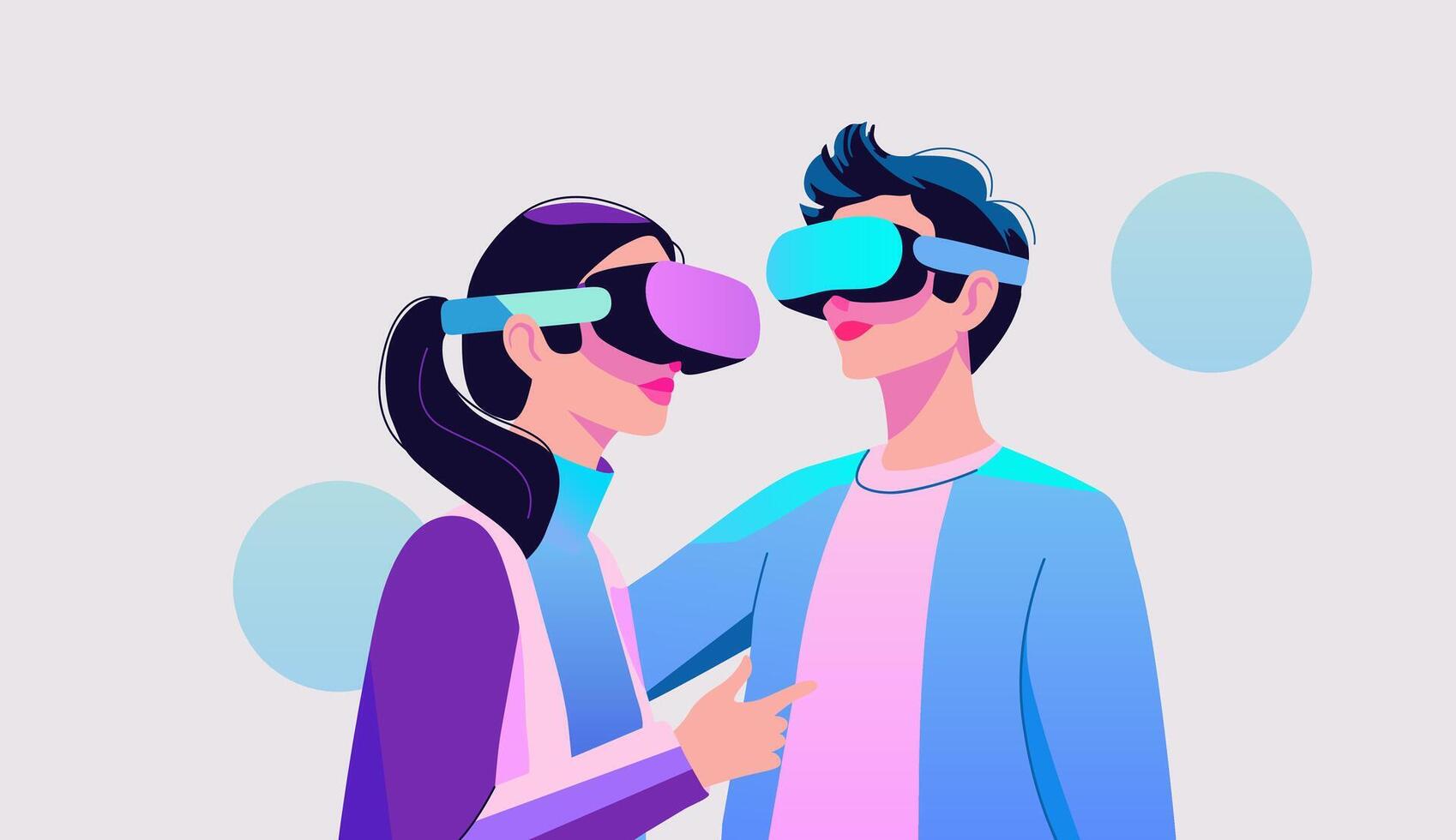 Abstract illustration of a boy and girl using virtual reality glasses. Couple wearing VR glasses. Flat design. vector
