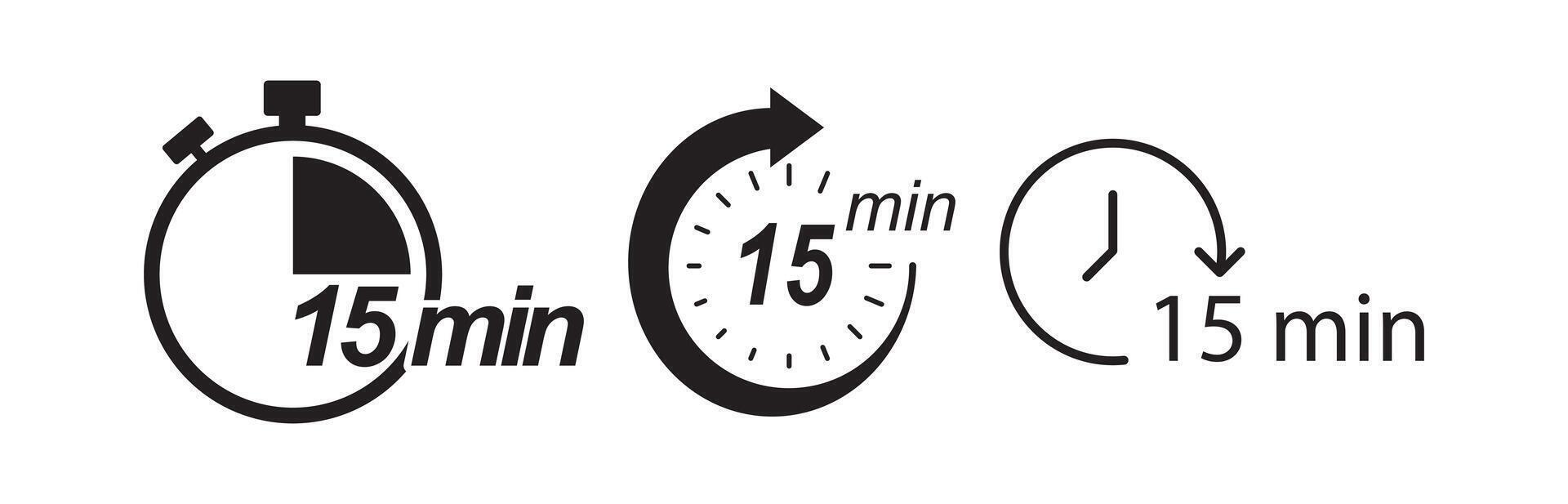 Black style icon set for 15-minute countdown timer vector