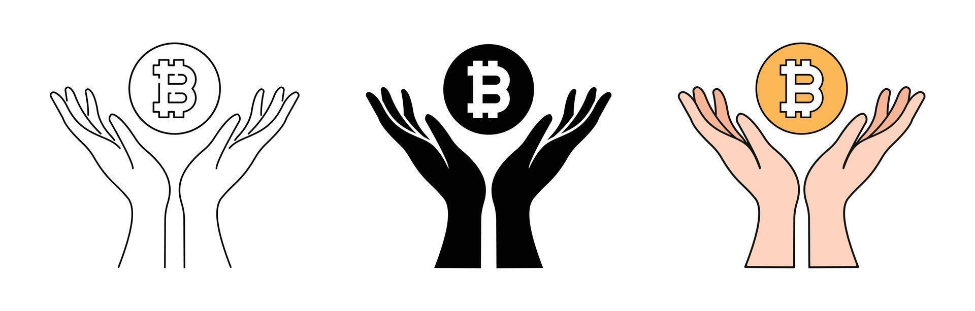 Symbol of bitcoin held by hands for finance theme vector