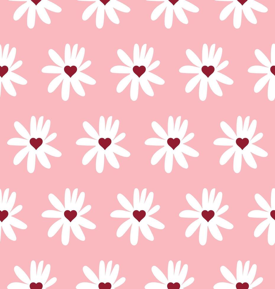Chamomile pattern with hearts on pink vector
