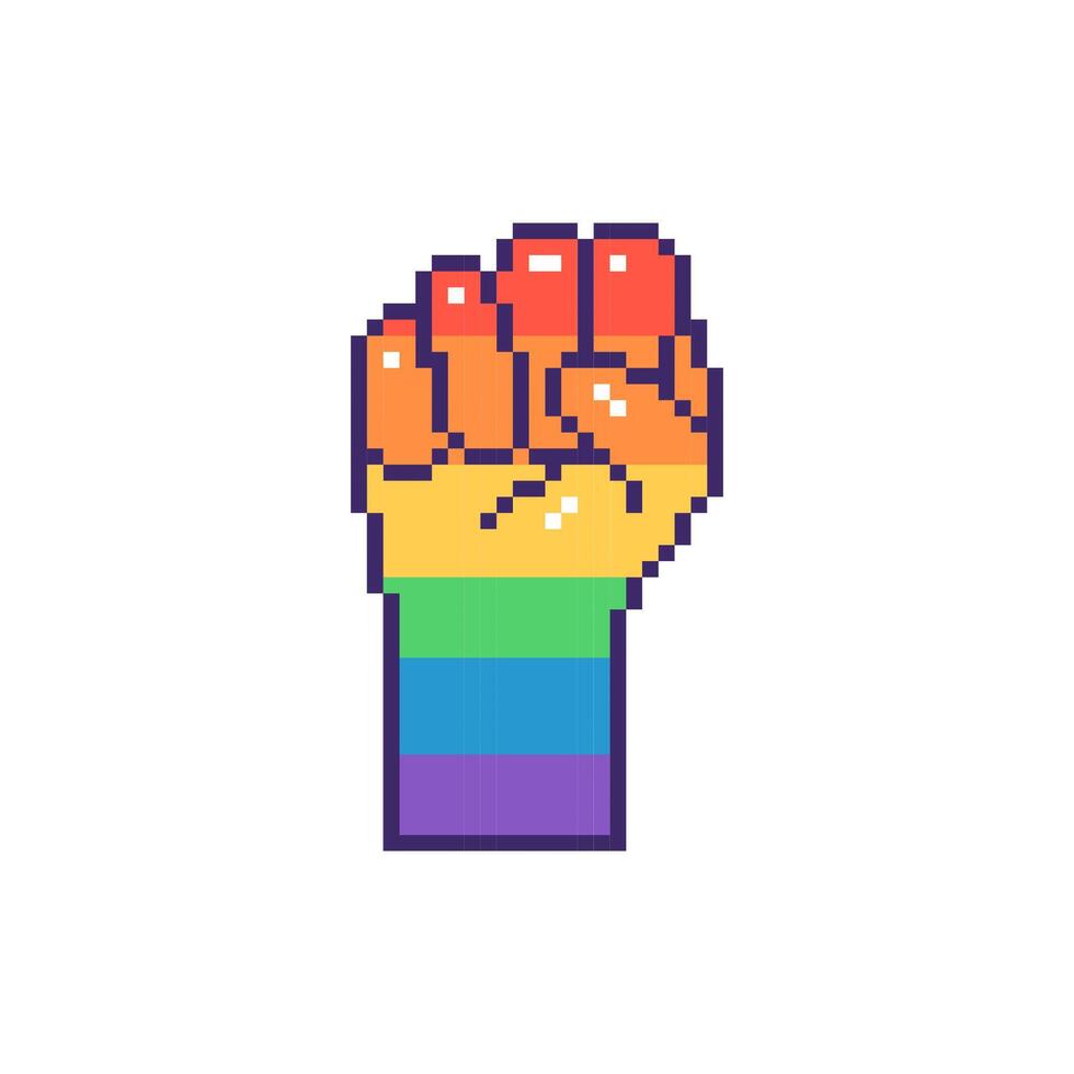 Raised pixel fist in vibrant rainbow colors. Hand drawn illustration. vector
