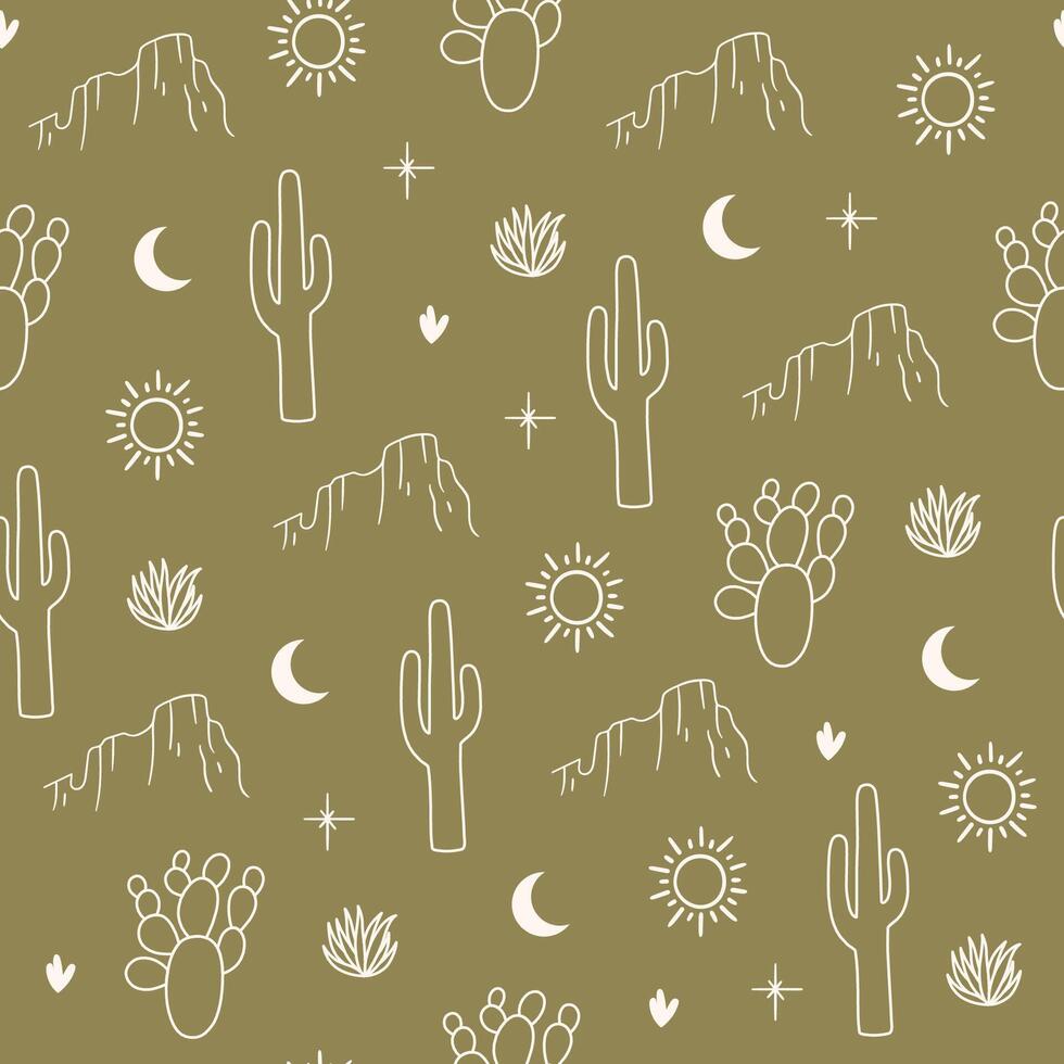 Seamless pattern with mountain silhouette, cactus, sun and moon on green background. Hand drawn illustration for wrapping paper, textile, fabric. vector