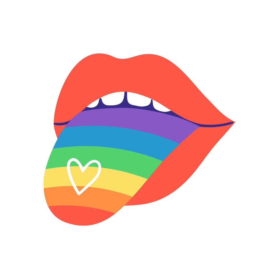 Open red lips with rainbow tongue. Hand drawn illustration. vector