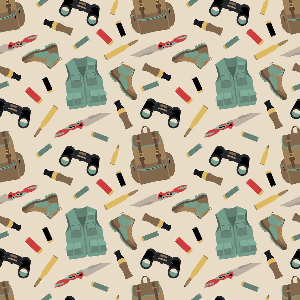 Hunting ammunition seamless pattern. Outdoor adventure gear including boots, backpacks, knives, and binoculars arranged on a neutral background. vector