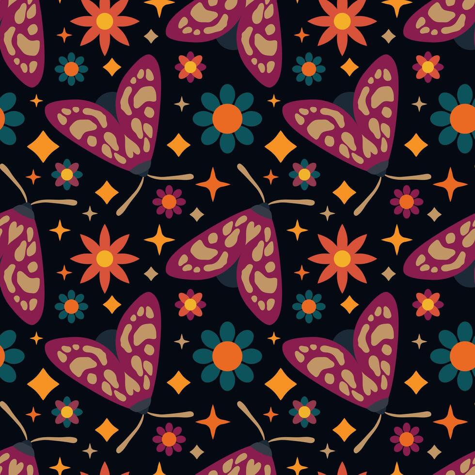 Colorful Butterfly and Floral Seamless Pattern Illustration. Stylized butterflies and vibrant flowers on a black background. Artistic and modern design ideal for textile and wallpaper. vector