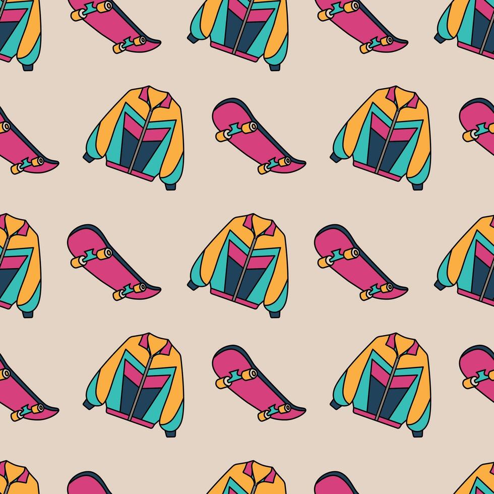 Colorful 90s Jacket and Skateboard Seamless Pattern. Bold, colorful design ideal for nostalgic fashion and lifestyle themes vector