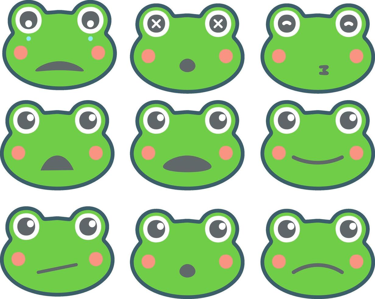 flat simple cute cartoon frog face various emotion set vector
