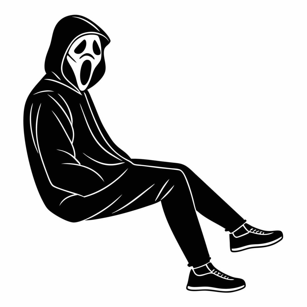 Silhouette of ghostface sitting wearing hood and sneakers black and white vector