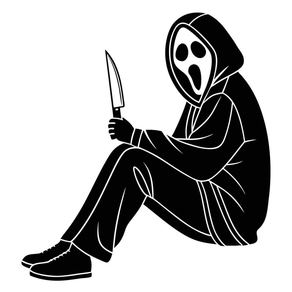 Black and white illustration of a seated killer with knife vector