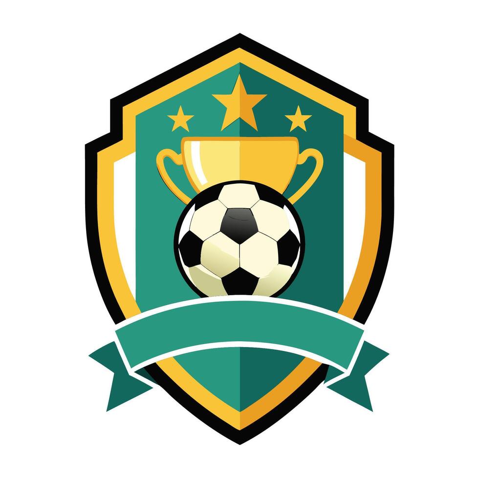 A soccer ball and cup on a green shield with a ribbon vector
