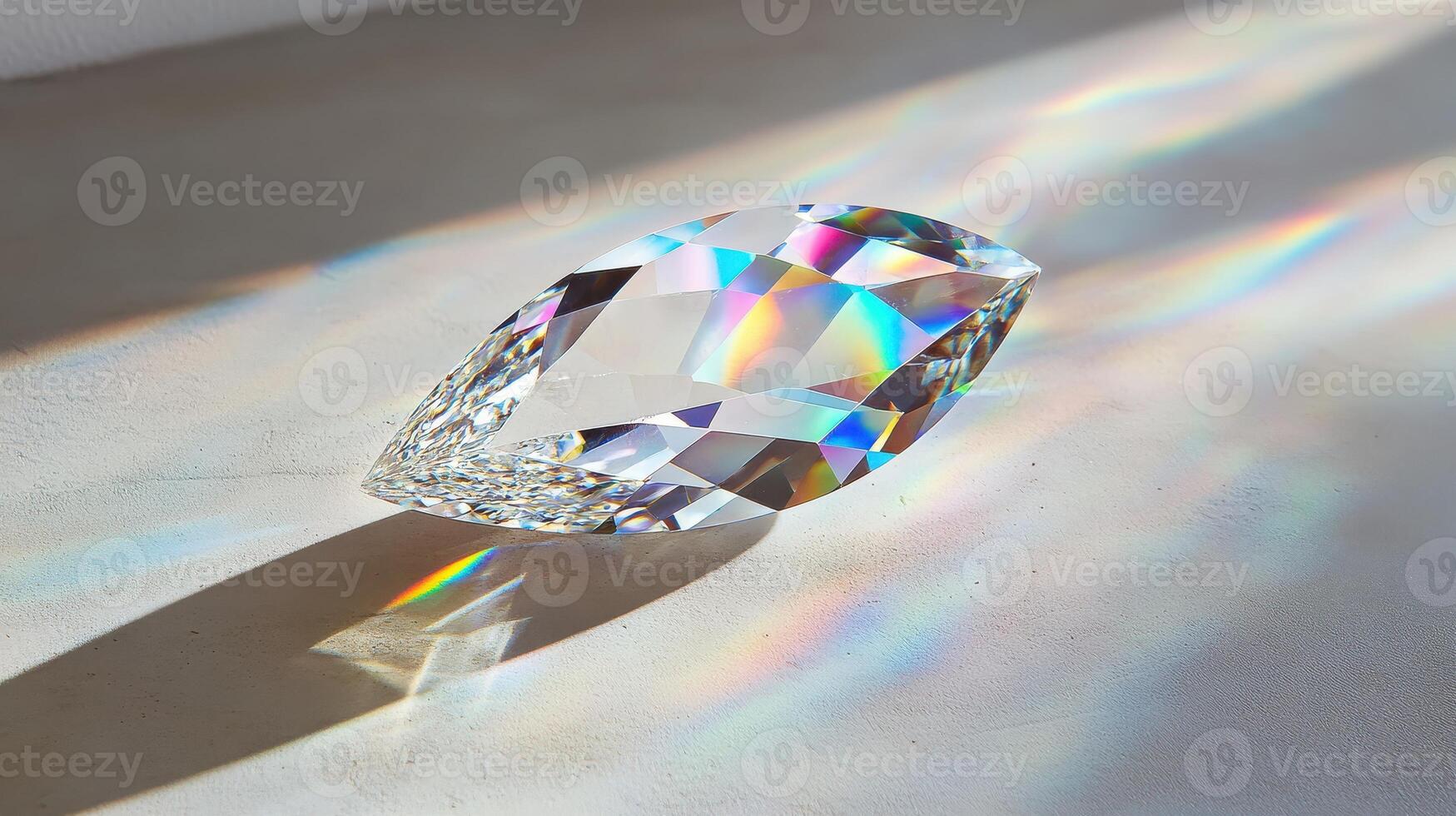 Sparkling crystal prism reflecting colorful light spectrum on neutral surface photo