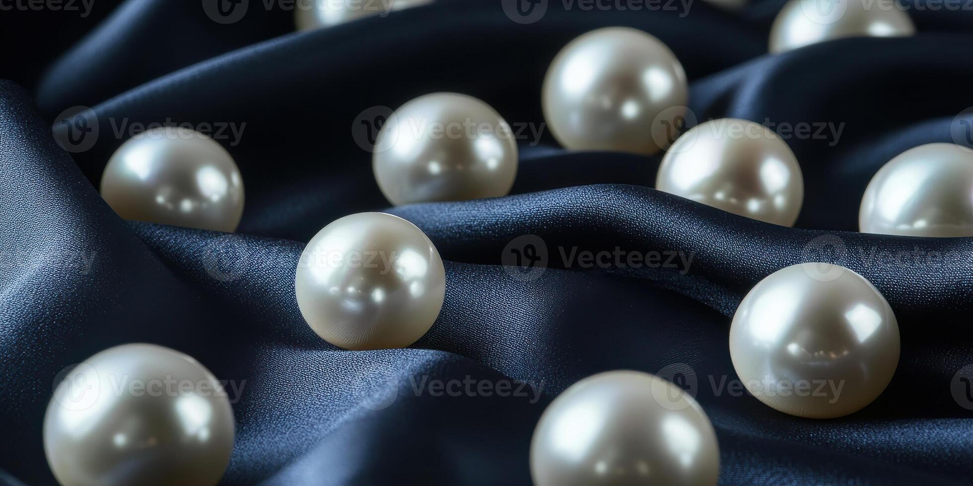 Elegant pearls resting on smooth blue satin fabric, luxury and sophistication concept photo