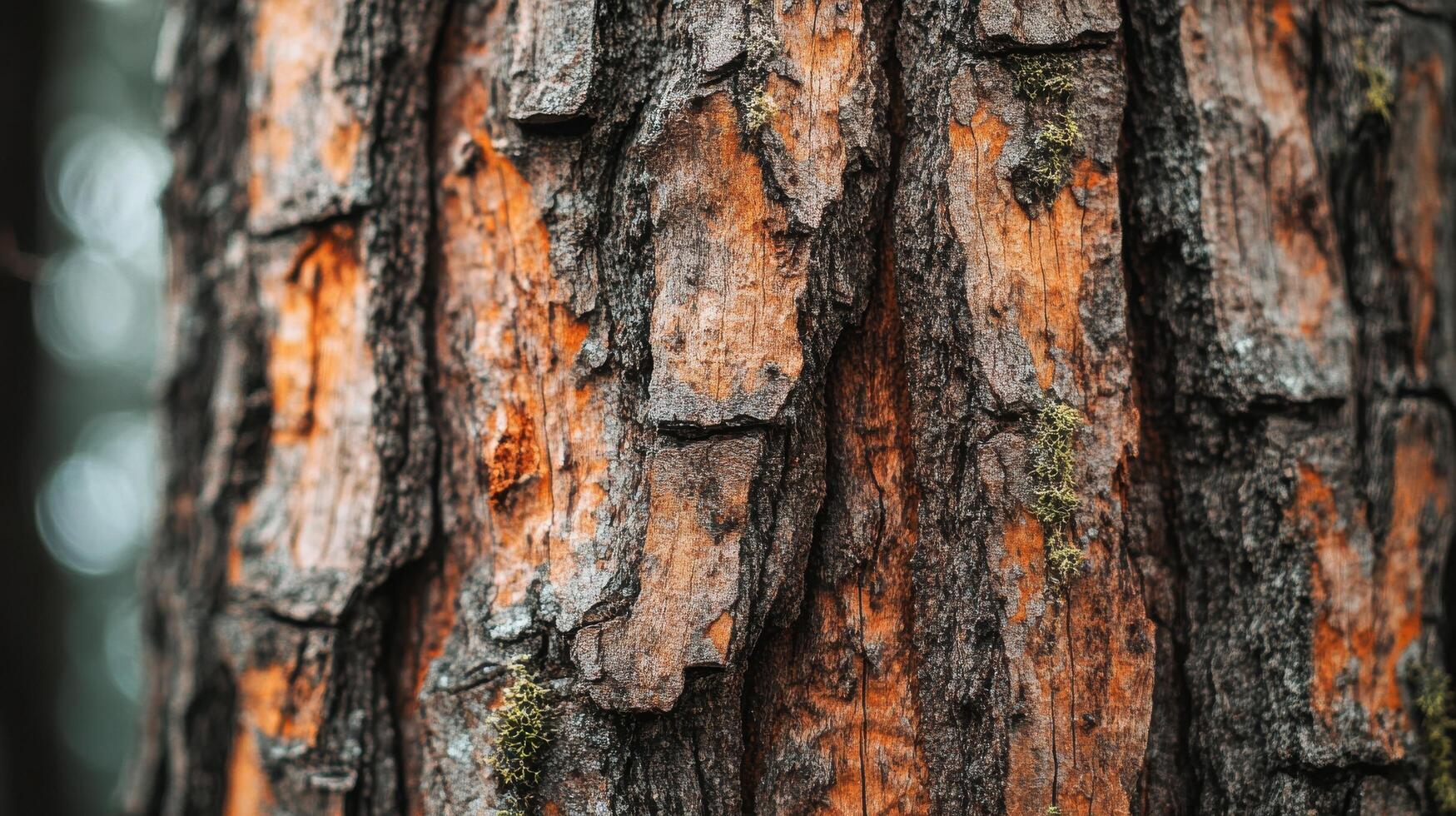 Close-up of rough textured tree bark with natural patterns and moss growth photo