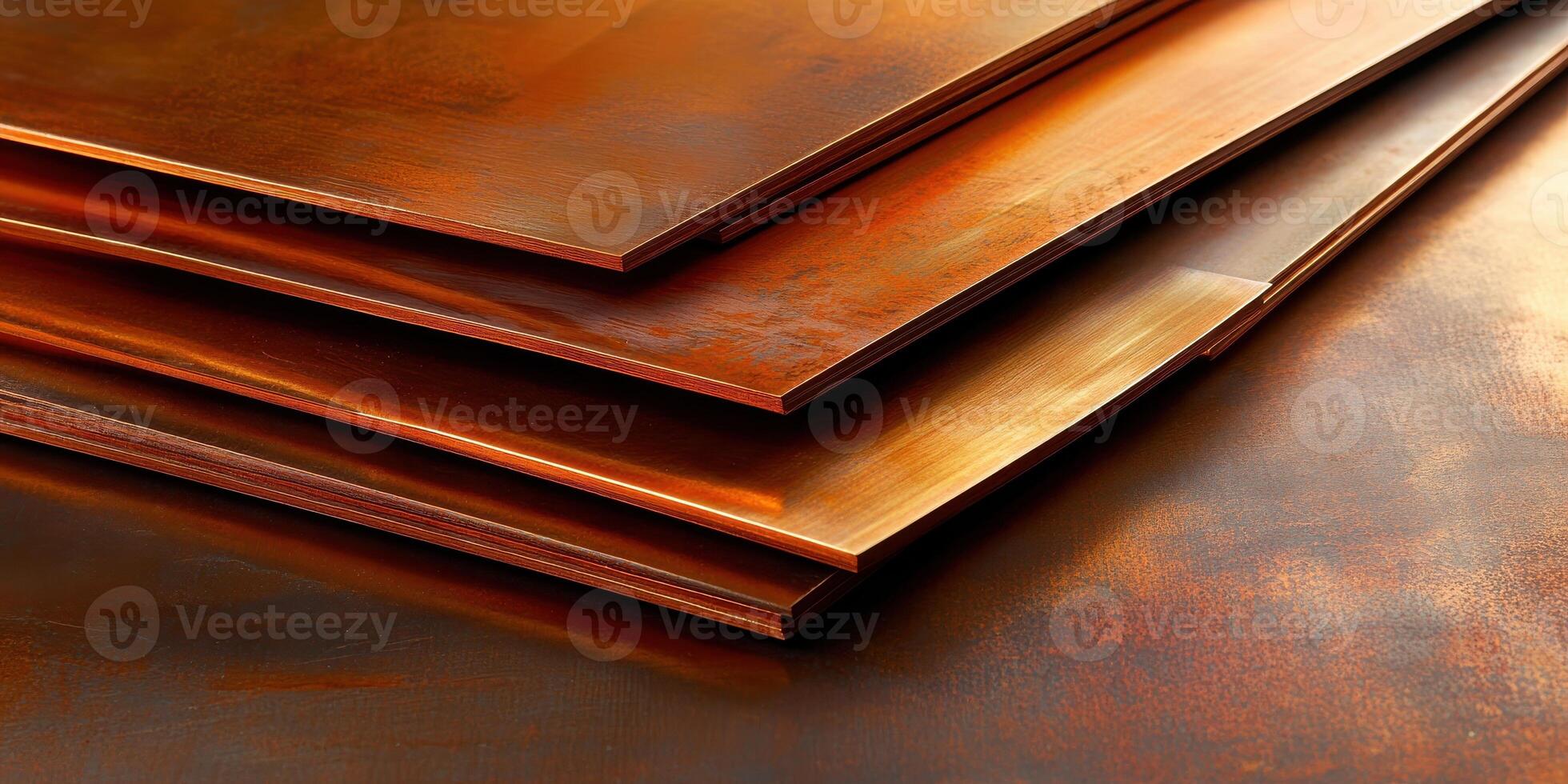 Stacked copper sheets with reflective surface in industrial setting photo